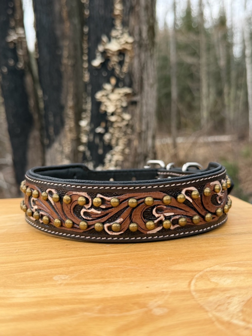 Handcrafted Brown Leather Studded Dog Collar with Floral Carving
